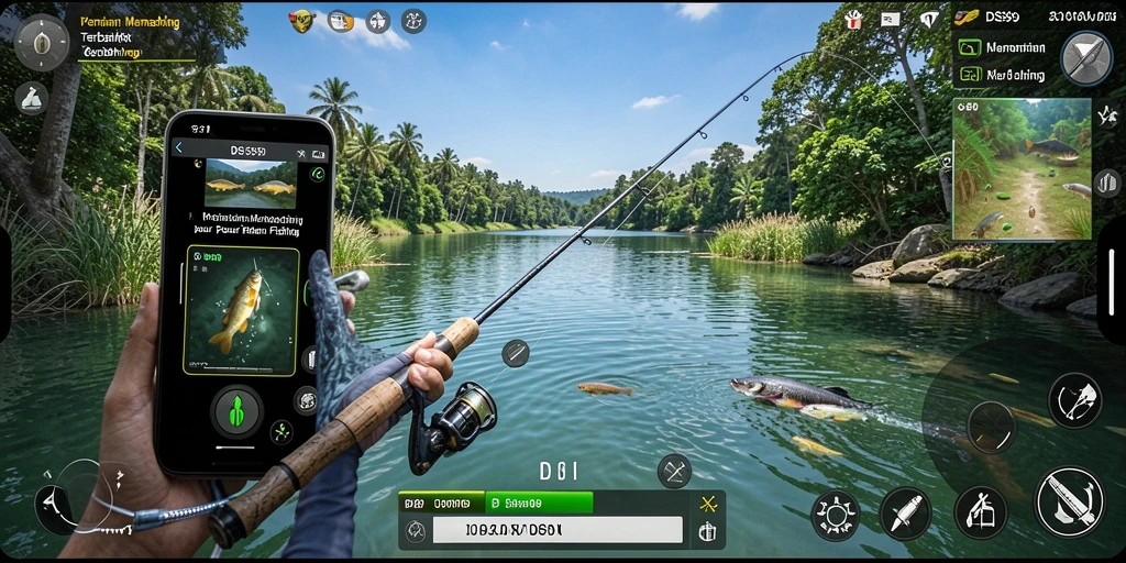 Tampilan gameplay DS99 yang menampilkan suasana memancing yang menenangkan.